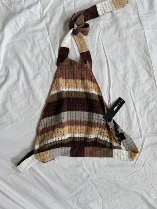 Fashion Nova Sweaters - Fashion Nova Striped Crochet Off-Shoulder Sweater Tank — Brown Multi